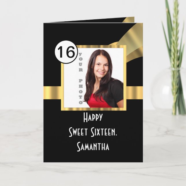 Carte Photo sweet sixteen noir et or (Devant)