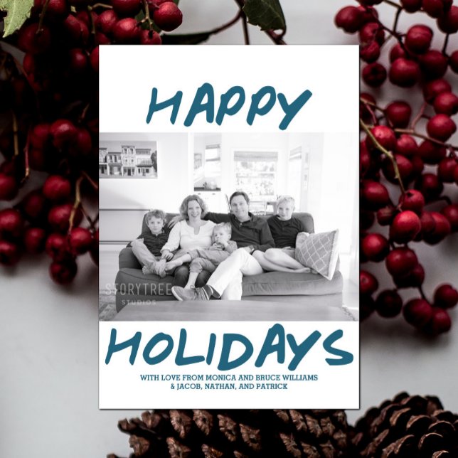 Carte photo tendance de Joyeux Vacances | Bleu (Blue Trendy Happy Holidays Photo Card)