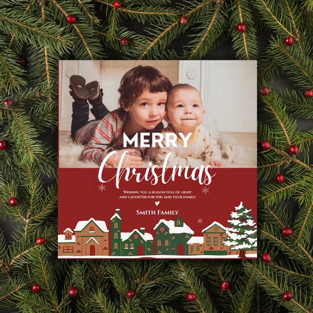 Carte Photo traditionnelle de Noël Rouge personnalisée (Traditional Red Christmas Custom Holiday Photo Cards)