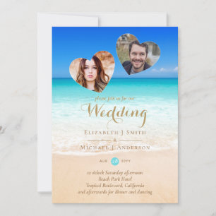 Carte PHOTO Tropical Beach Hearts Sand Sea Mariage Inv