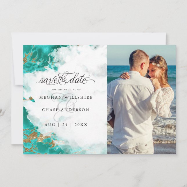Carte Photo Turquoise Aquarelle Geode BarefootBride™ (Devant)