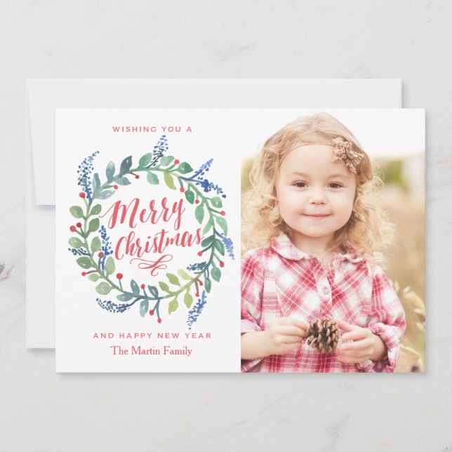 Carte photo Whimsical Watercolor Wreath Christmas (Devant)