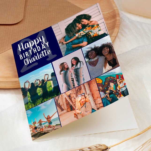 Carte Photos bleu marine moderne grille de collage 21 an (Modern navy blue photos collage grid 21 birthday card)