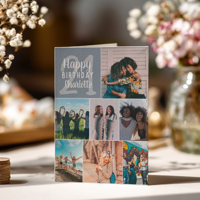 Carte Photos bleues poussiéreuses modernes grille de col (Modern dusty blue photos collage grid 21 birthday card)