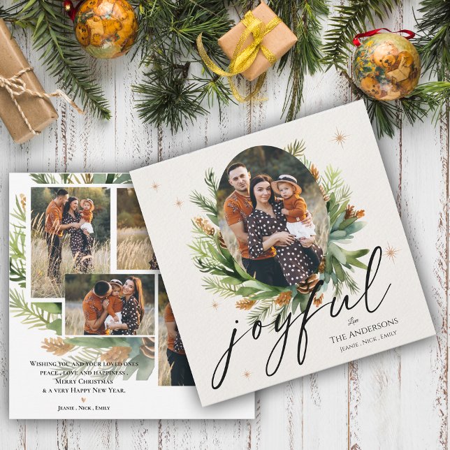 Carte Photos de famille multiples Feuilles verts Joyeux  (Green Leaves Multi Family Photos Joyful Christmas Greeting Card)