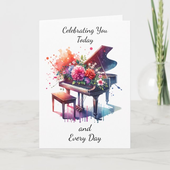 Carte Piano et Fleurs aquarelle joli Anniversaire (Devant)