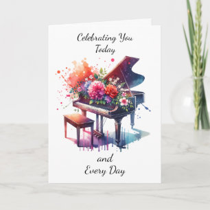 Carte Piano et Fleurs aquarelle joli Anniversaire