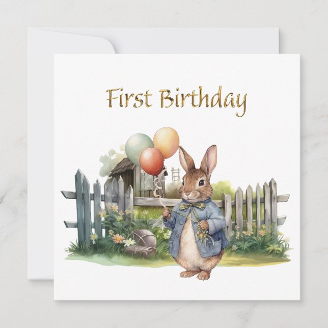 Carte Pierre les ballons de lapin Premier anniversaire (Devant)