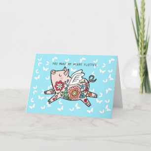 Carte Pig volant Je vous aime Cochon mignon Valentines j