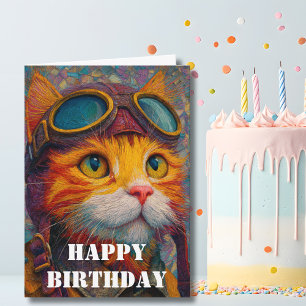 Carte Pilote de Chat d'Anniversaire Aviateur Drôle Avia