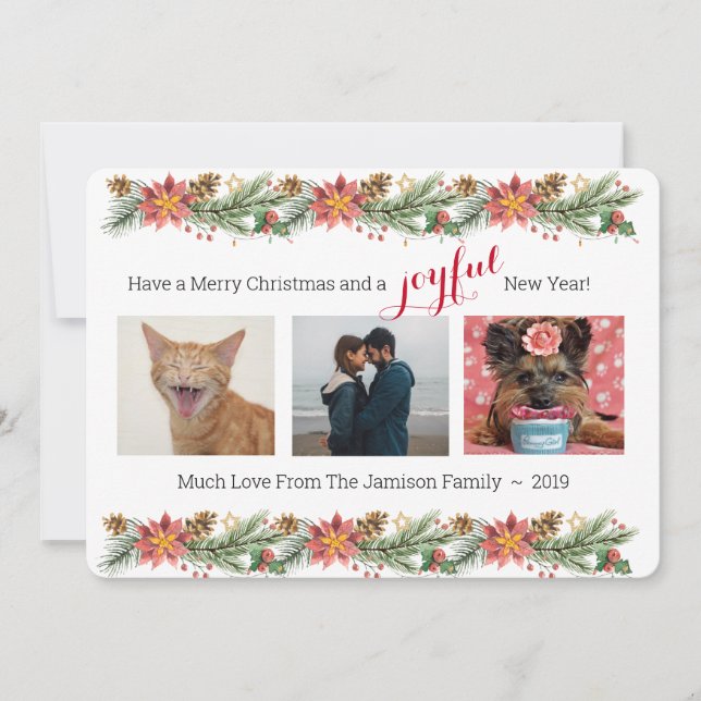 Carte Pin de Noël et Poinsettias - Joyeux (Devant)