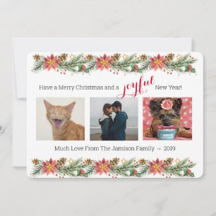 Carte Pin de Noël et Poinsettias - Joyeux