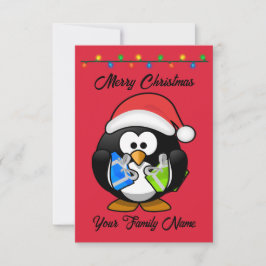 Carte Pingouin Arrière - plan rouge tenant des cadeaux d
