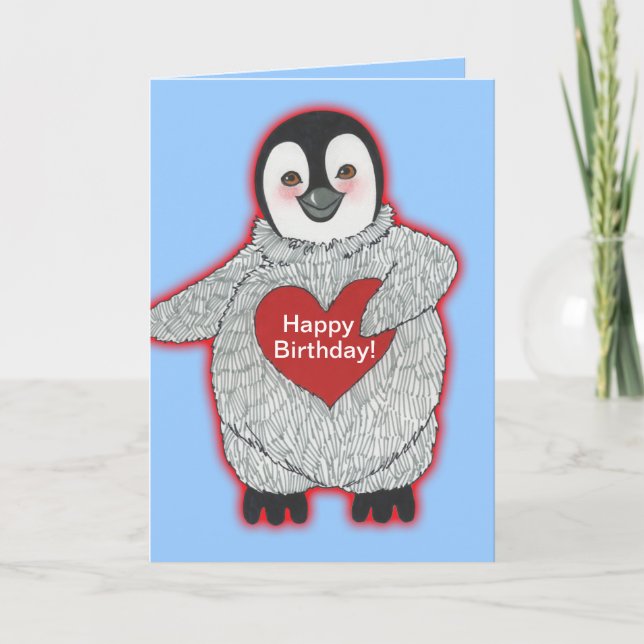 Carte Pingouin au coeur Joyeux anniversaire (Devant)