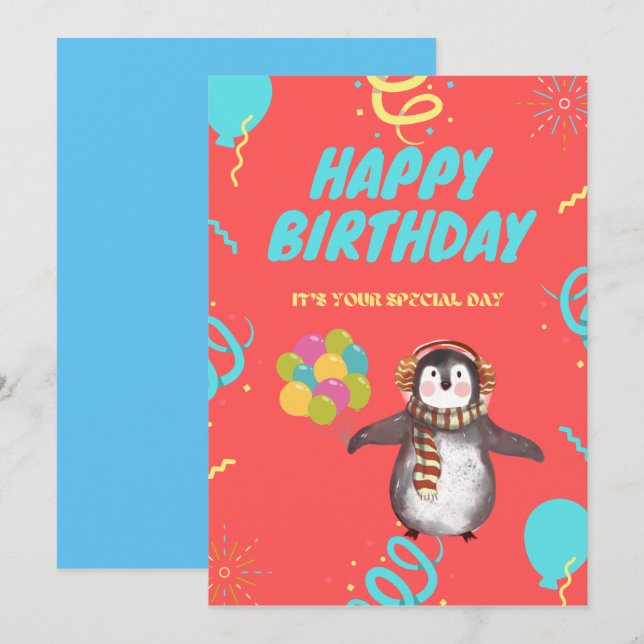 Carte Pingouin avec ballons (Devant / Derrière)