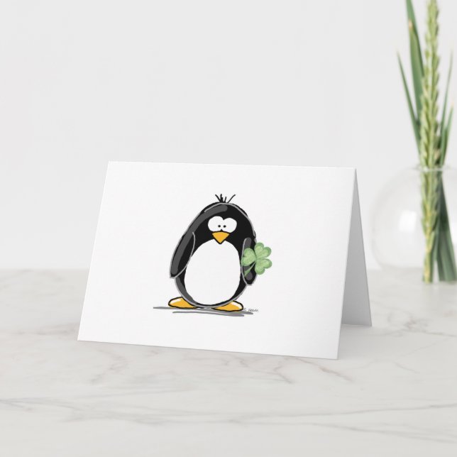 Carte Pingouin avec un shamrock (Devant)