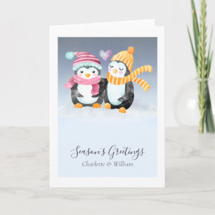 Carte Pingouin Couple En Casquette Assis Dans La Neige