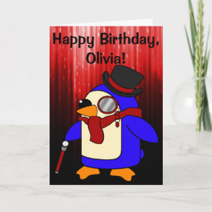 Carte Pingouin d'anniversaire Noir et Rouge personnalisa