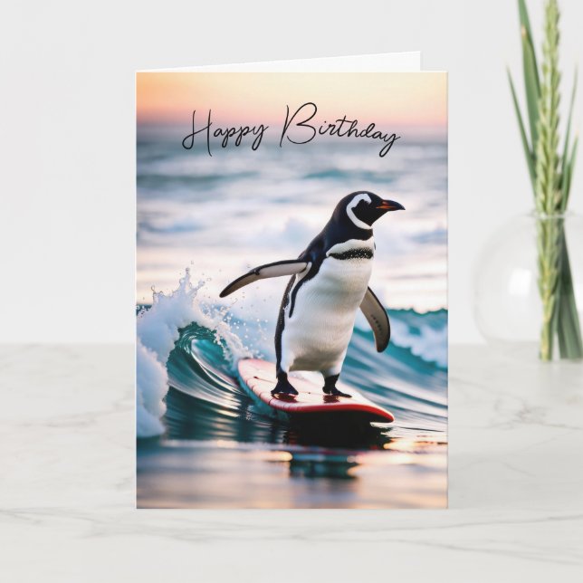 Carte Pingouin d'anniversaire sur un surf (Devant)