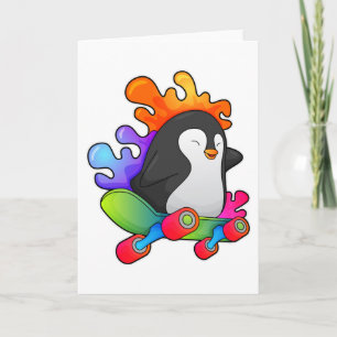 Carte Pingouin en patinage avec skateboard