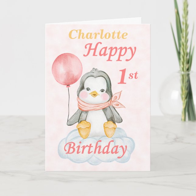 Carte Pingouin: Joyeux premier anniversaire (Devant)