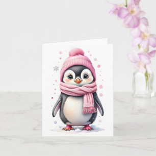 Carte Pingouin mignon en Casquette rose et noir d'araign
