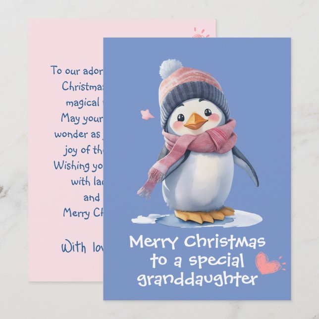 Carte Pingouin rose mignon Noël pour enfants vacances (Devant / Derrière)