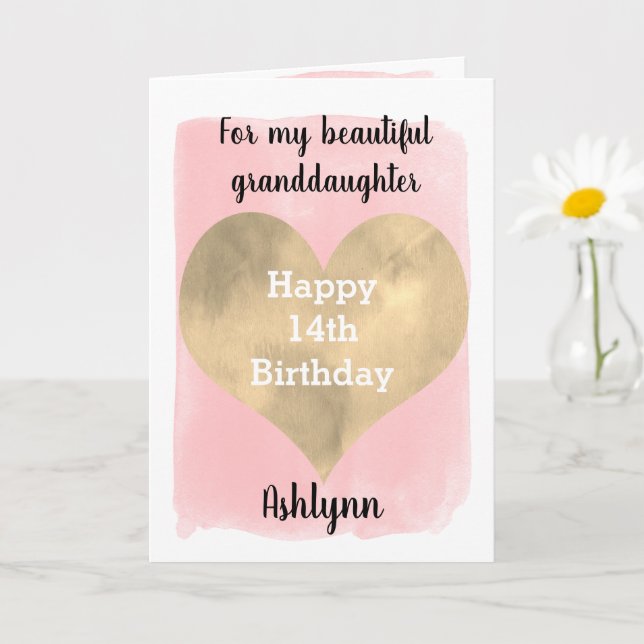 Carte Pink and Gold Happy 14th Birthday Grandgirl (Petite plante)