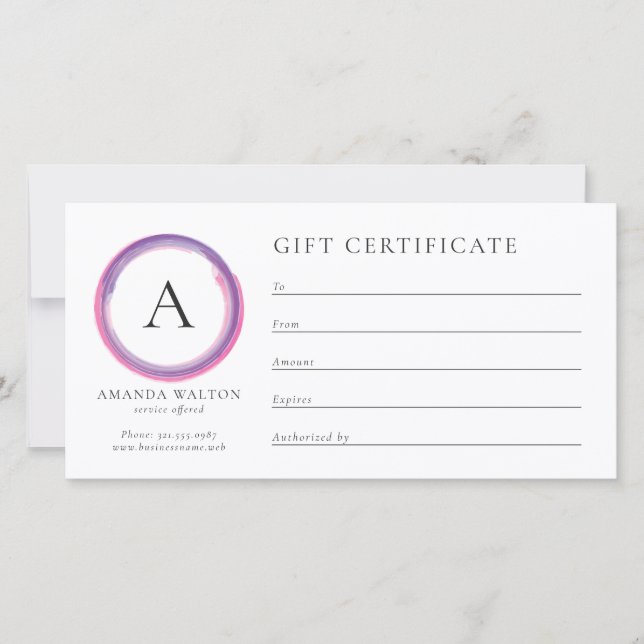 Carte Pink and Purple Monogram Business Gift Certificate (Devant)