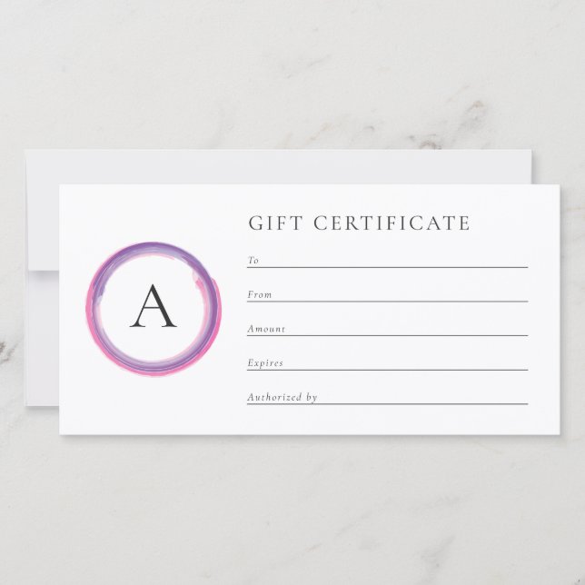 Carte Pink and Purple Monogram Business Gift Certificate (Devant)