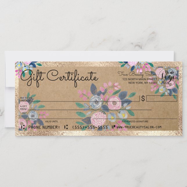 Carte Pink Blue Floral Gold Kraft chèque cadeau certific (Devant)
