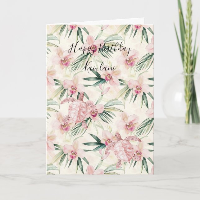 Carte Pink Blush Stripes Orchid Sea Turtle Birthday (Devant)