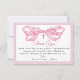 Carte Pink Bow Baptism Thank You Card Watercolor Cross