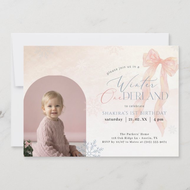 Carte Pink Bow Winter Onederland Arch Photo 1st Birthday (Devant)