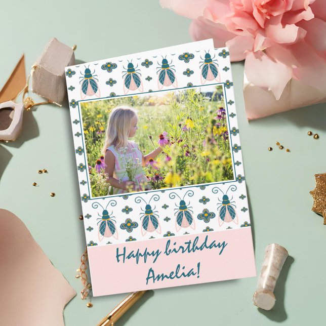 Carte Pink Bugs Flower Motif Photo Anniversaire (Créateur téléchargé)