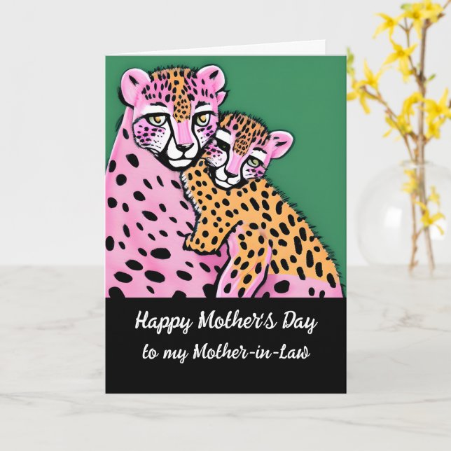 Carte Pink Cheetah Maman + Cub Fête des mères Mère belle (Fleur jaune)