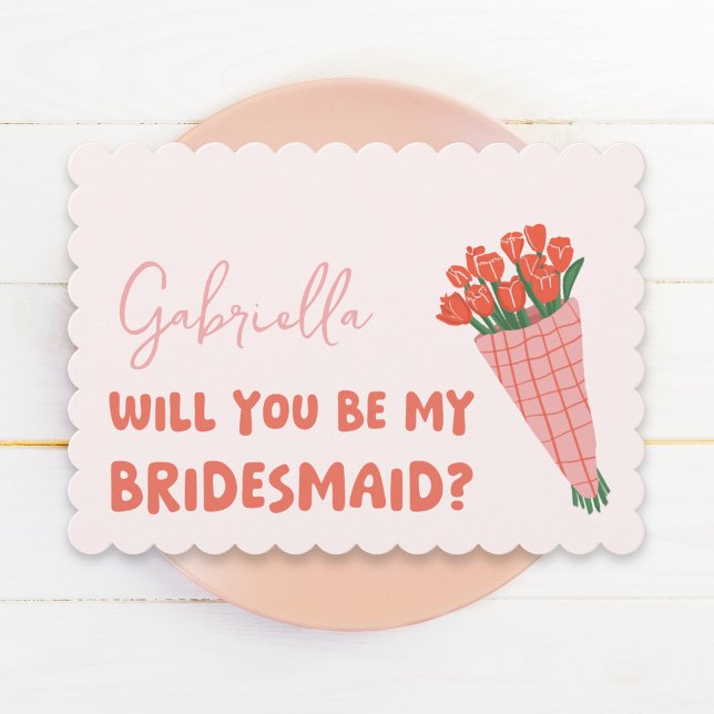 Carte Pink Cute Tulip Serez-Vous Ma Proposition D'Épouse ( Delightfully sweet scalloped-edge card with a tulip bouquet, perfect for your bridesmaid proposal.)