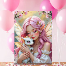 Pink Elven Fairy & White Dragon | Happy Birthday