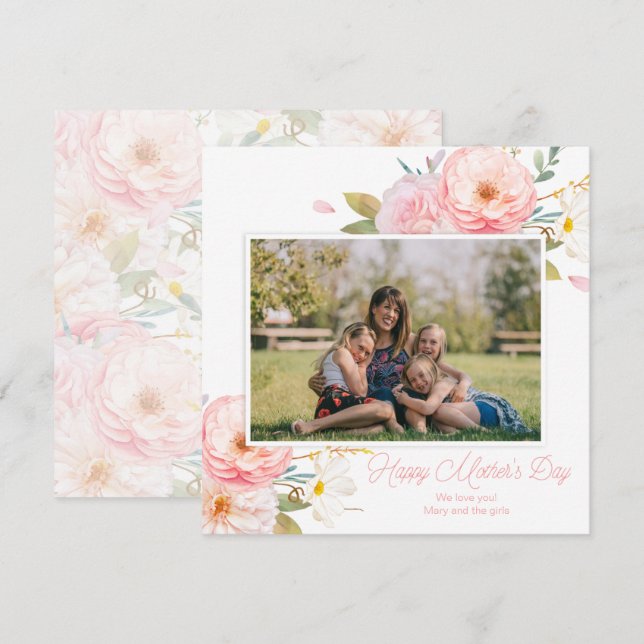 Carte Pink Floral Ajouter photo Fête des Mères (Devant / Derrière)
