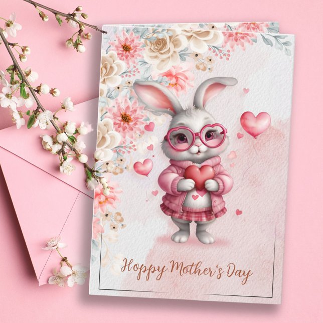Carte Pink Floral Charme & Love Sweet Bunny Fête des Mèr (Pink Floral Charm & Love Sweet Bunny Mother's Day Card)