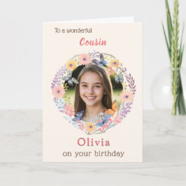 Carte Pink Floral Elegant Female Cousin Photo Birthday