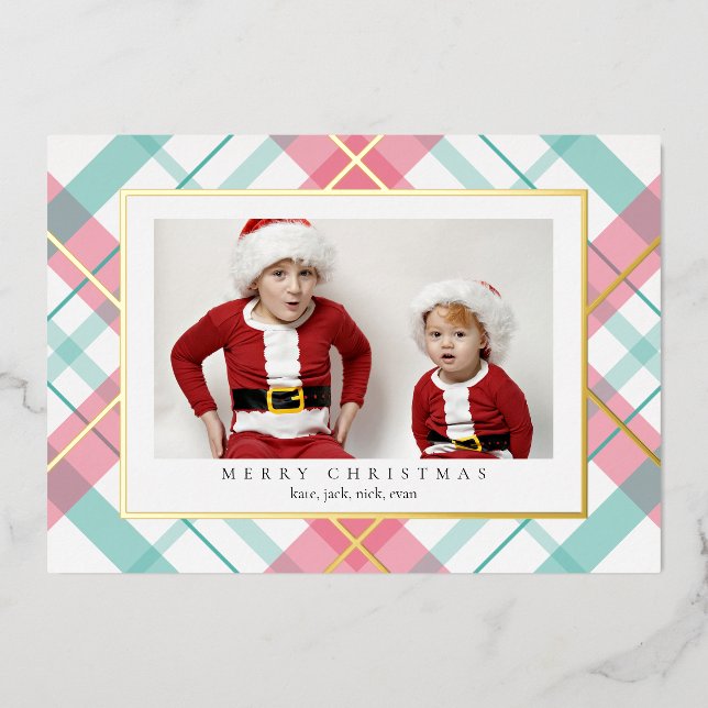 Carte Pink Green Tartan Plaid Christmas Foil (Recto)