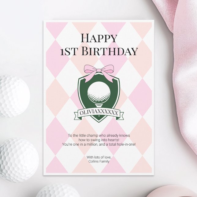 Carte Pink Hole in One Girl Golf Joyeux 1er anniversaire (Pink Hole in One Girl Golf Happy 1st Birthday Card)