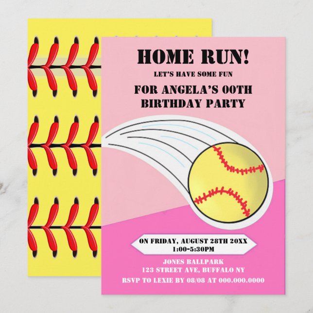 Carte Pink Home Run Softball Anniversaire (Devant / Derrière)