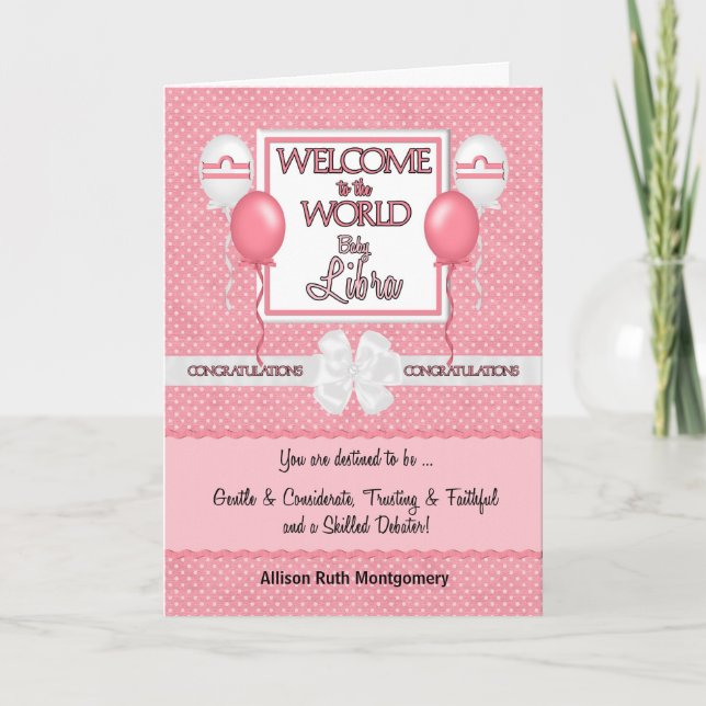 Carte Pink New Baby Girl Libra Félicitations (Devant)