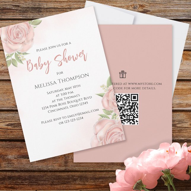 Carte Pink Pretty Botanical Baby Girl Rose QR Code (Créateur téléchargé)