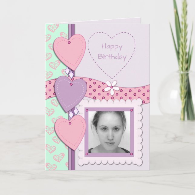Carte Pink & purple with hearts and photo (Devant)