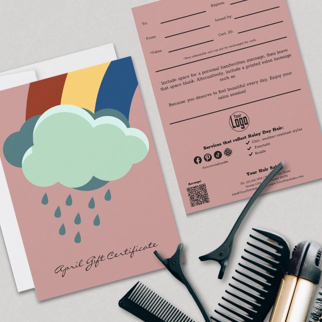 Carte Pink QR Code Services Note Certificat cadeau d'avr (Pink QR Code Services Note April Gift Certificate, Rainbow and Clouds)