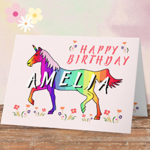 Carte Pink Rainbow Unicorn Flower Girl Joyeux anniversai