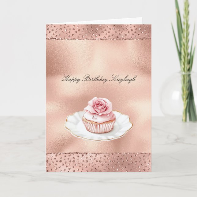 Carte Pink Rose Cupcake Gold Glam Glitter Birthday   (Devant)